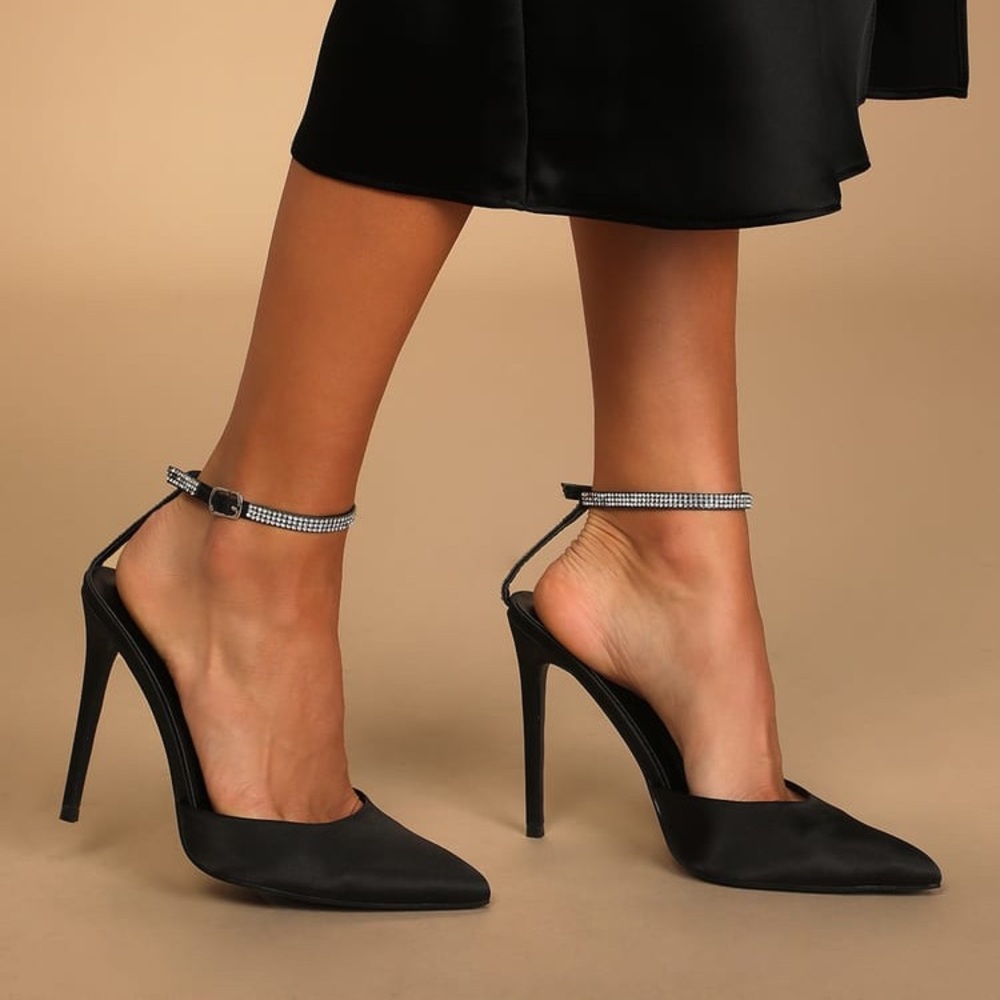 Holiday Sparkly / Sequin Black Satin Ankle Strap Heels